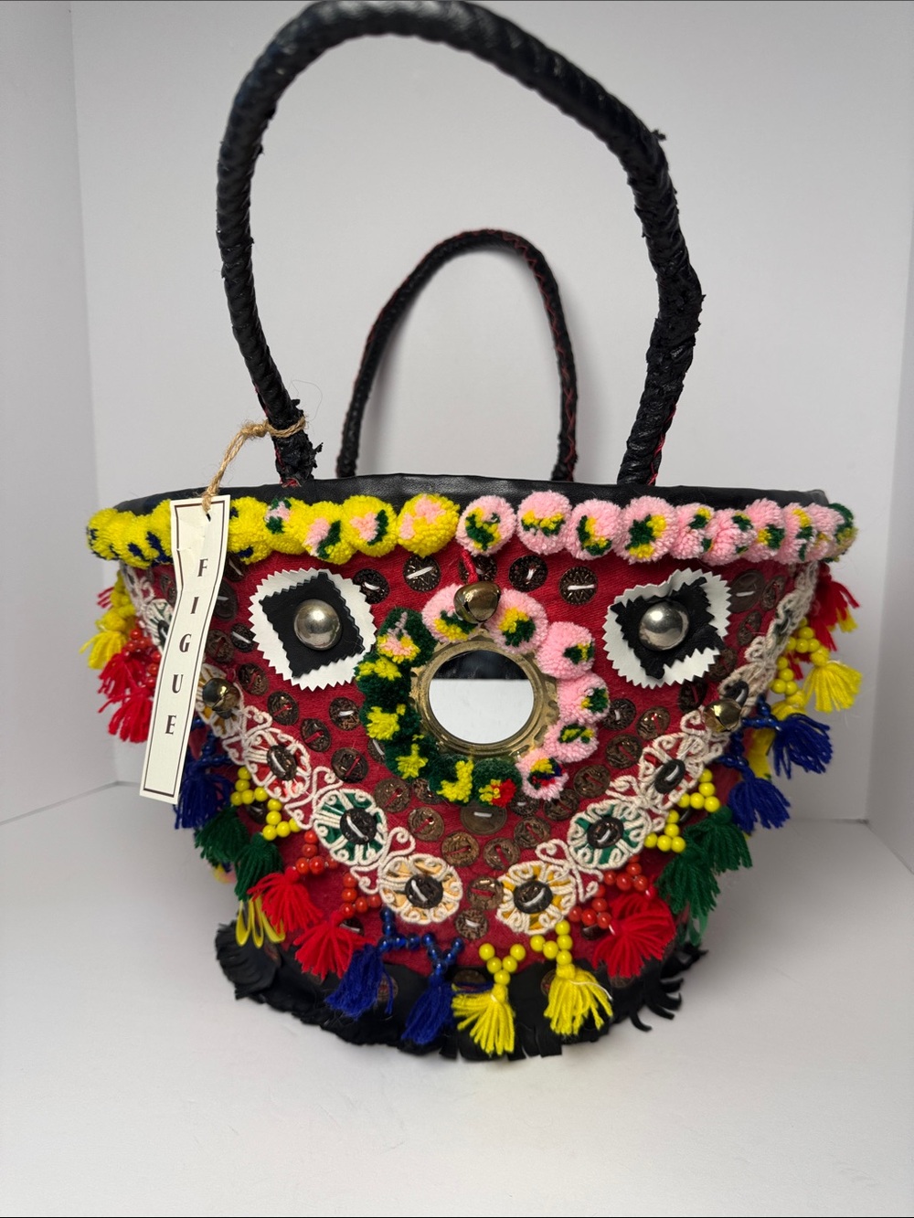 FIGUE Tuk Tuk Tote Colorful Embellished Women's Bag Tassels Pom-Poms BOHO Mirror